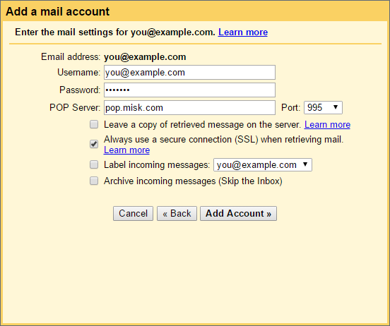 setting up gmail incoming mail server